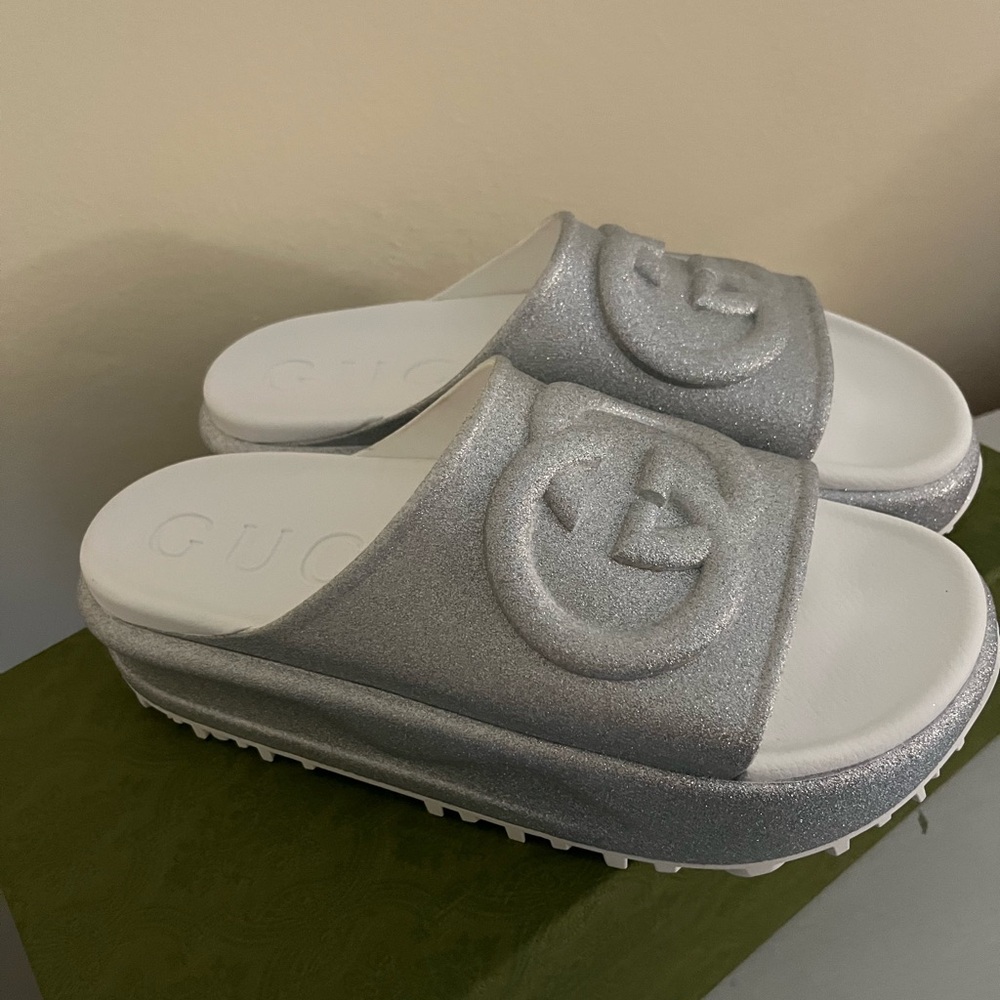 NEW GUCCI  MIAMI GLITTER INTERLOCKING G PLATFORM SLIDES SANDALS G41 US 11